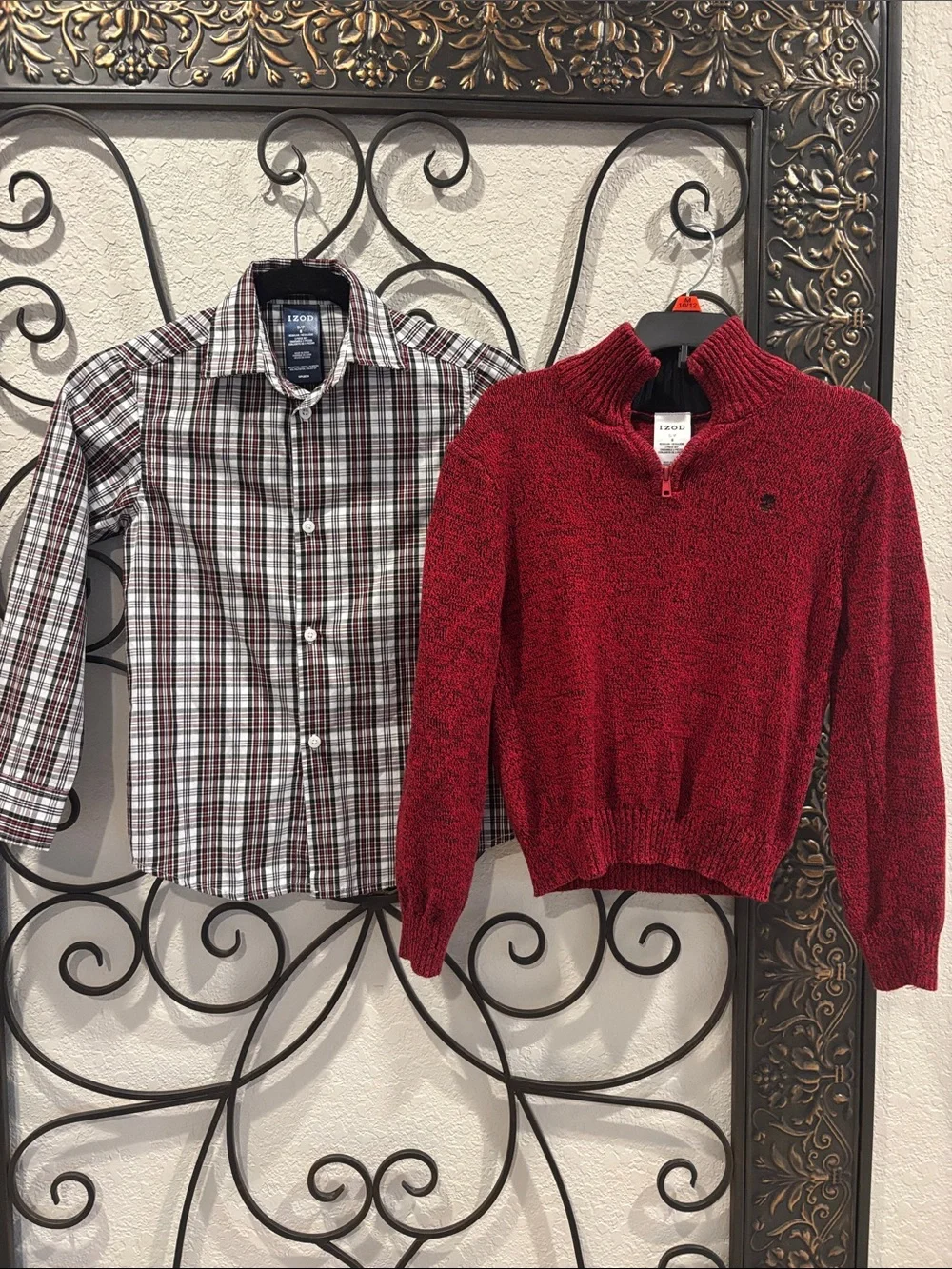 Izod Boys Red Pullover Sweater and Plaid Button-Up Shirt Set size 8